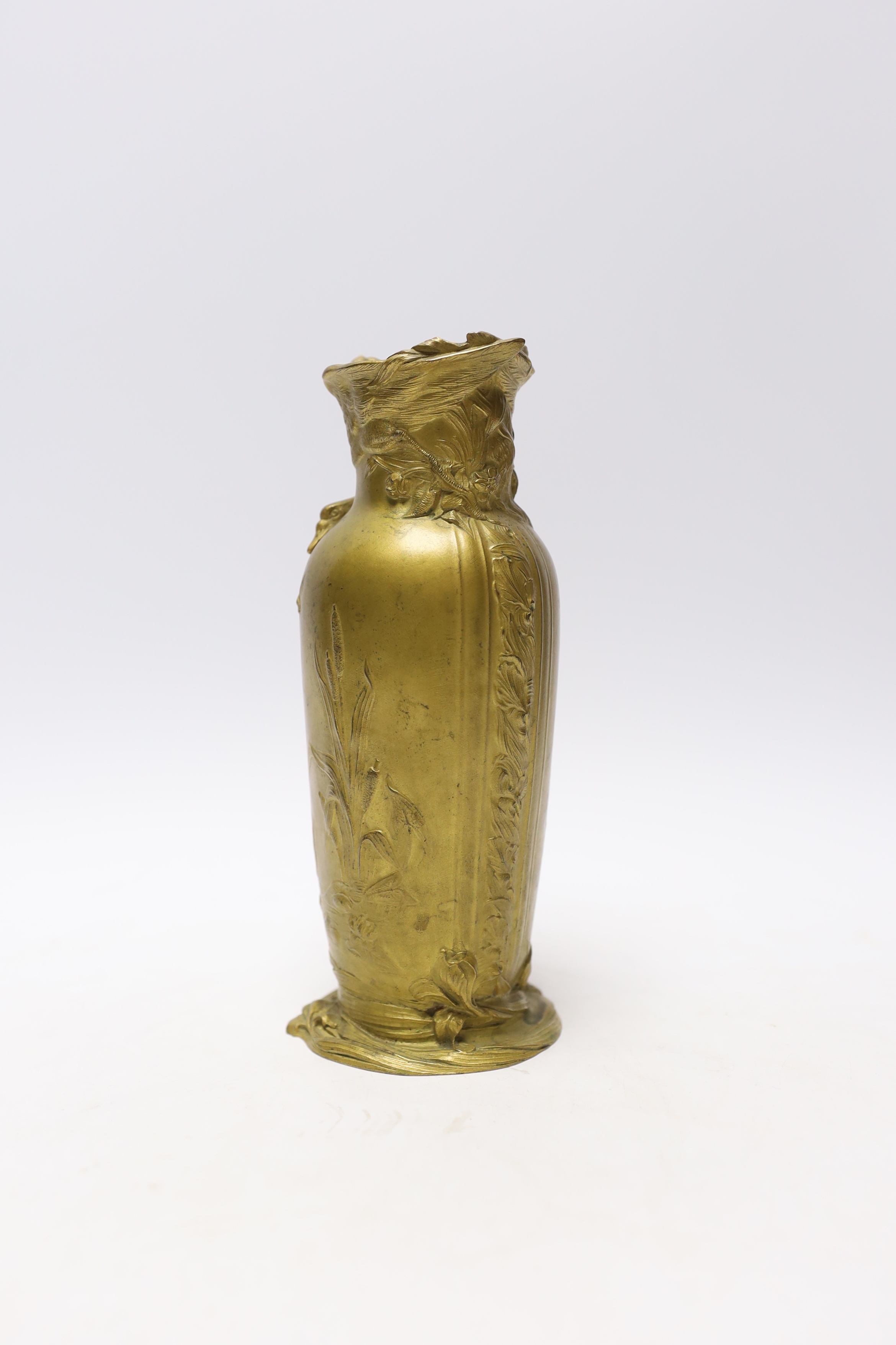 An Art Nouveau bronze vase by Louchet, Paris, decorated with bull rushes in a pond, with inner tin liner, 19.5cm high